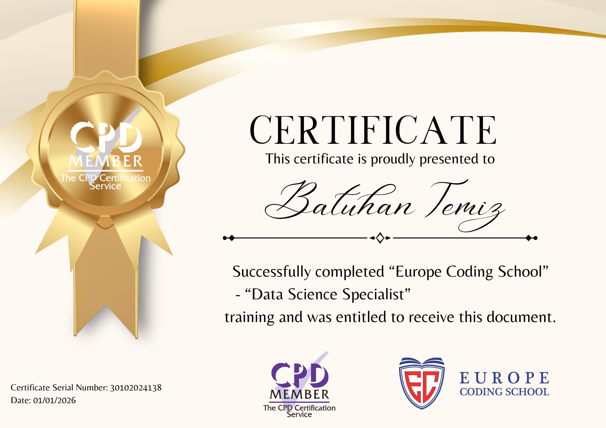 CPD akrediteli Europe Coding School sertifika örneği